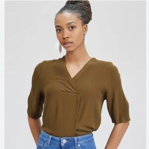 COS Blouse Half sleeve Ribbed Faux wrap Maroon/Green/Ocre Lagenlook V neck Sz L